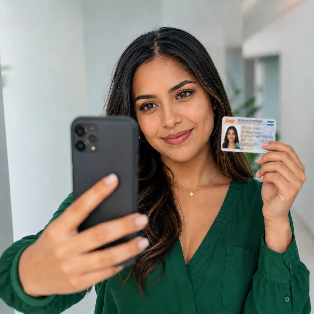 Mujer hondureña verificando su identidad con selfie y DNI en SiMoney