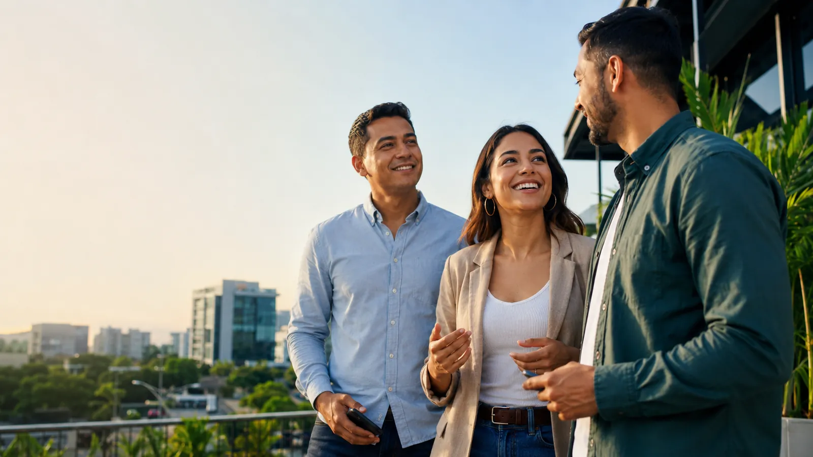 Tres adultos hondureños conversando en una terraza con vista a la ciudad, con teléfonos SiMoney en mano
